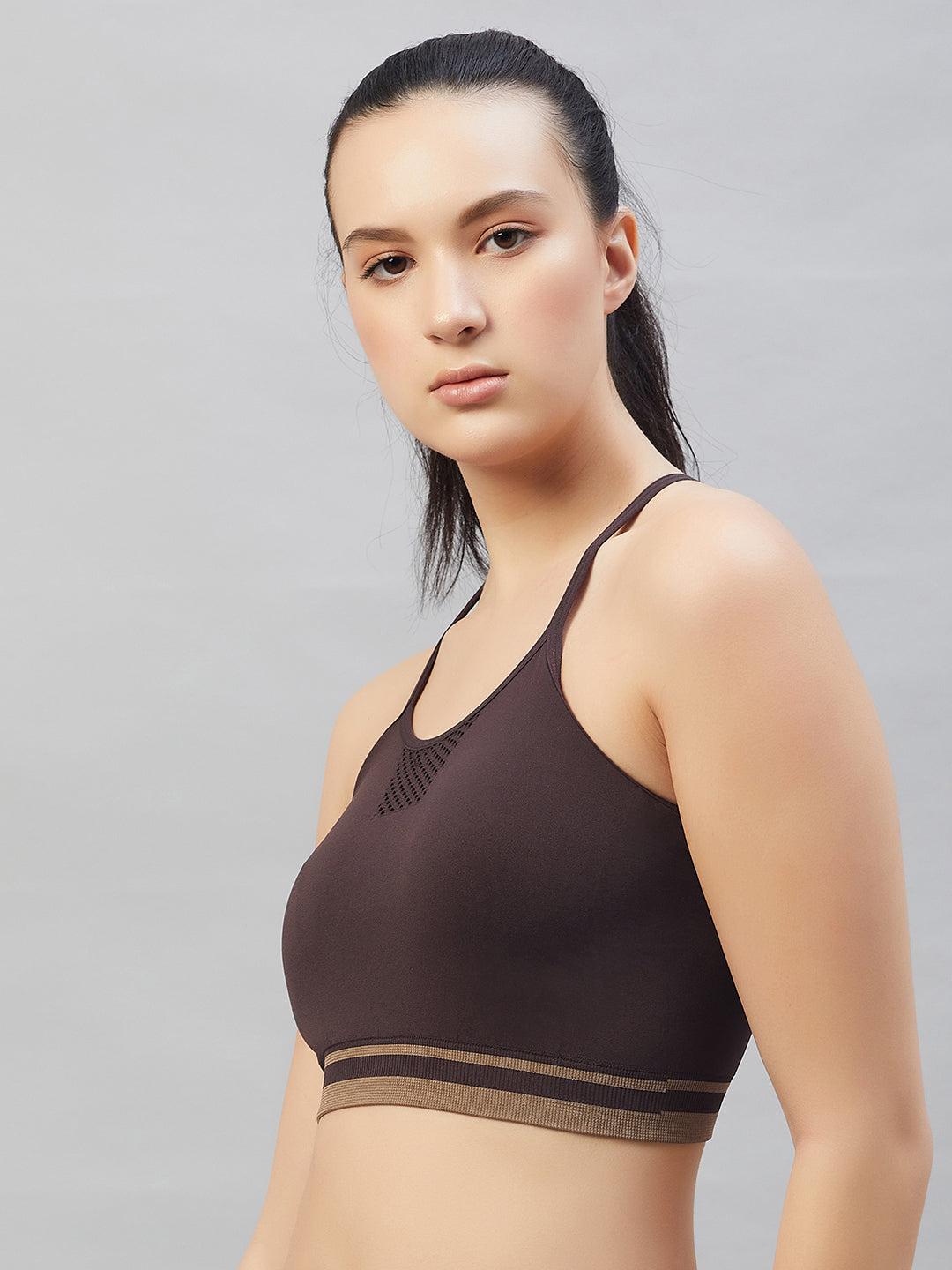 Seamless Women`s  Sports Bra with Thin Straps and Mesh - Tea Rose