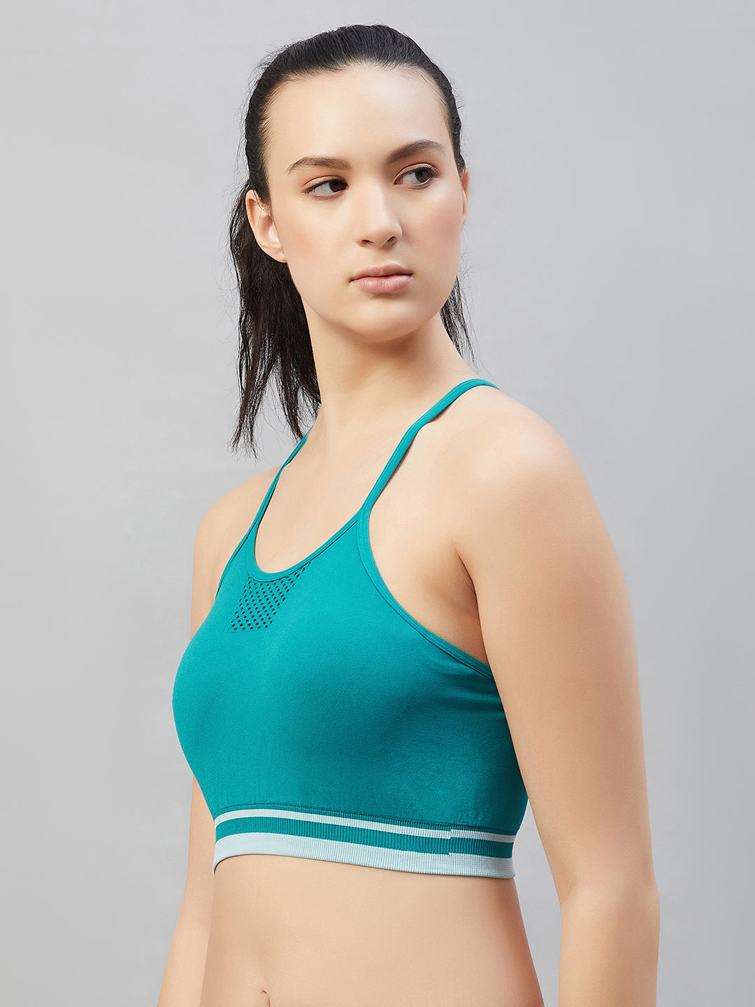 Seamless Women`s  Sports Bra with Thin Straps and Mesh - Tea Rose