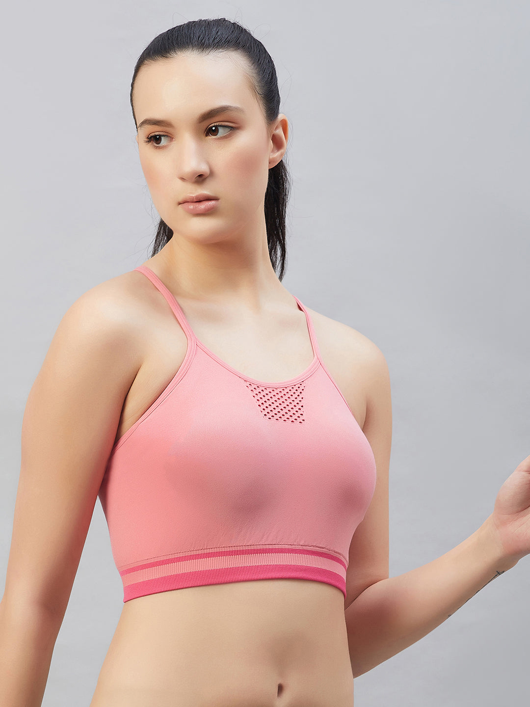 Seamless Women`s  Sports Bra with Thin Straps and Mesh - Tea Rose